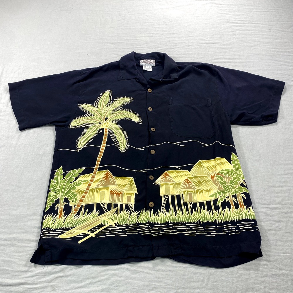 VINTAGE Back East Hawaiian Shirt Mens Medium Black Button Up‎ Casual Camp Adult
